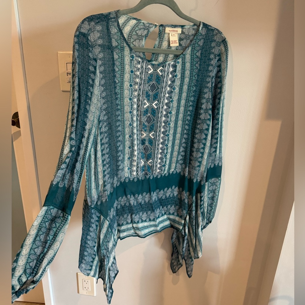 Sundance Chiffon Blue & Teals Paisley Bohemian Pattern Long Tunic Semi Sheer Top